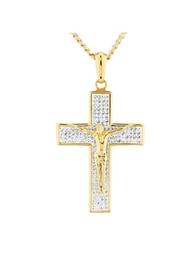 Bonyak Jewelry StainlessSteel Black /& Yellow IP-Plated w//Silver IP Brass Crucifix Neckla